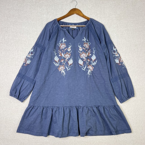 Cupio Dresses & Skirts - Cupio 100% Cotton Dress Boho Floral Cottagecore Blue Crochet Lace Ruffle‎ Size